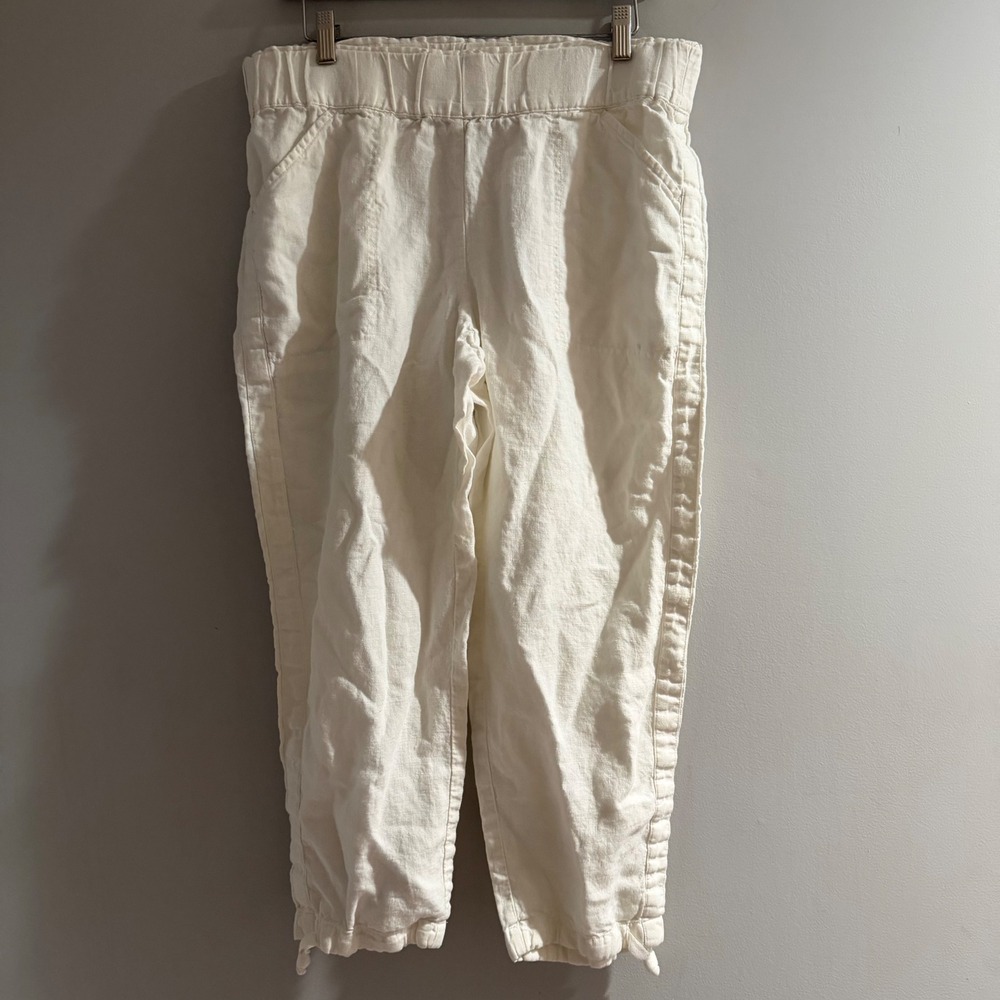Pure Jill Linen Pants Womens Medium Cream Cropped Elastic Waist Knot Hem